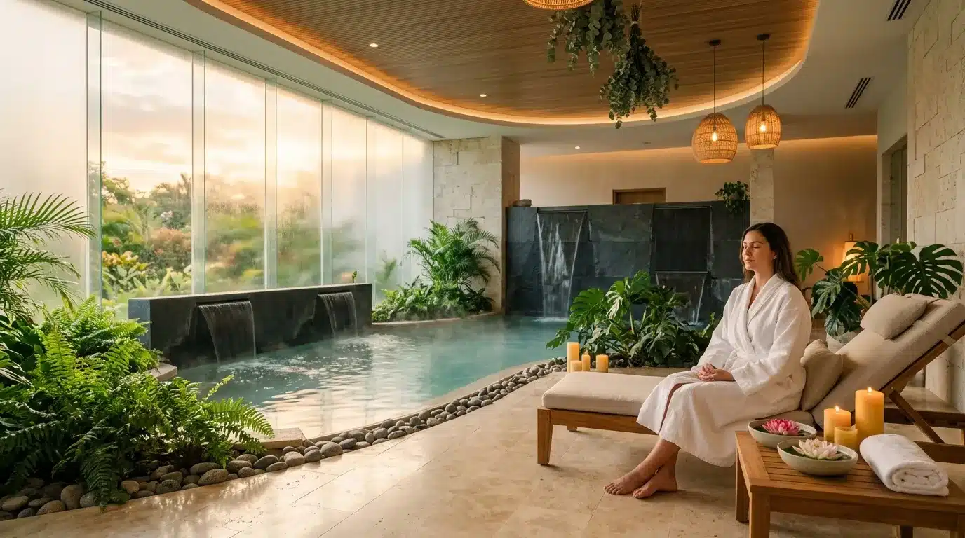 Femme en robe blanche relaxant dans un spa moderne avec bassin