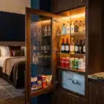 Chambre élégante avec minibar éclairé, lit et mobilier premium