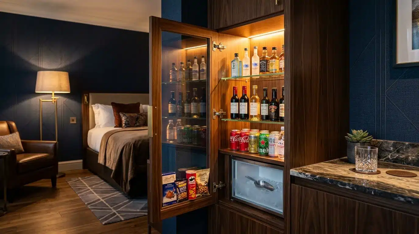 Chambre élégante avec minibar éclairé, lit et mobilier premium
