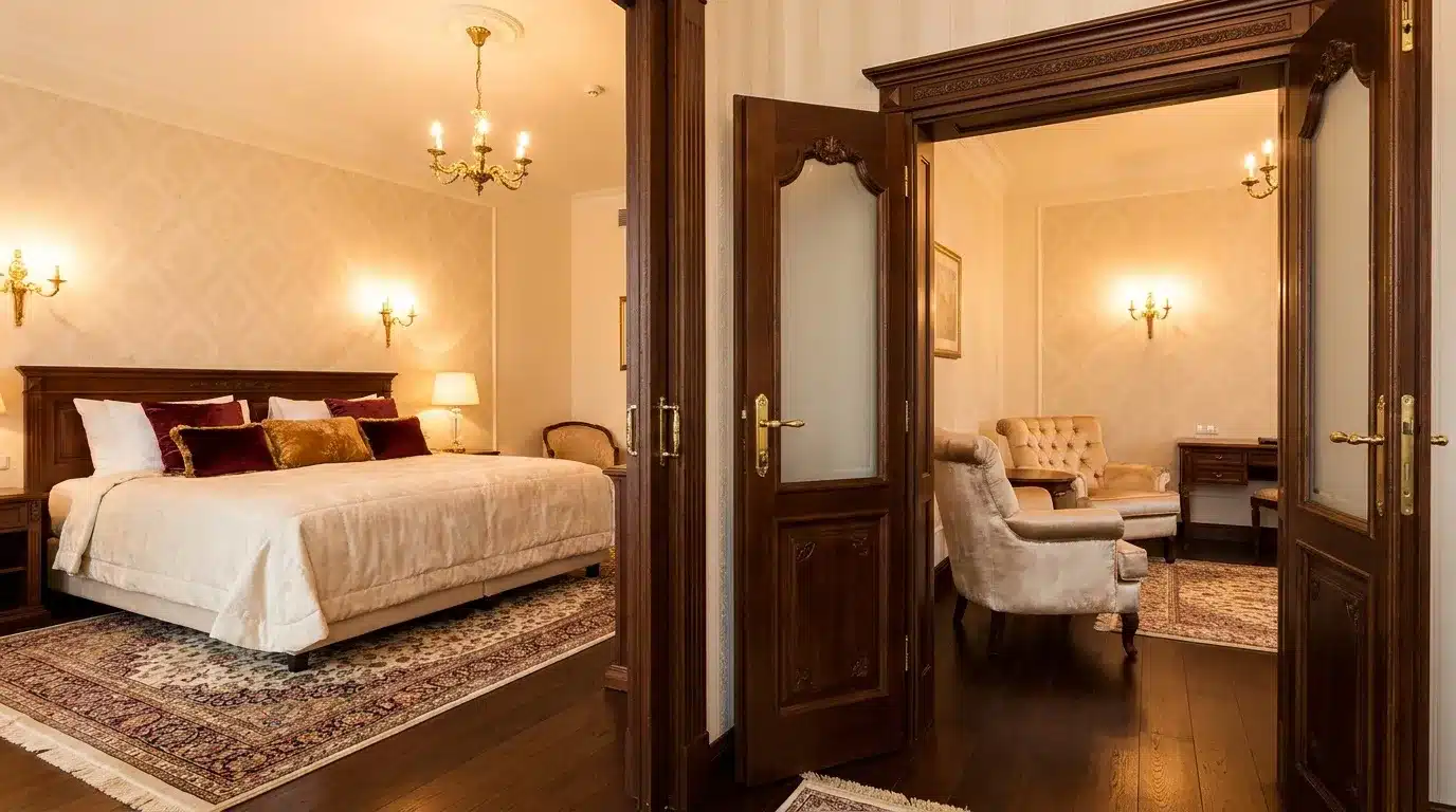 Chambre élégante avec lit et salon attenant décorés classiquement