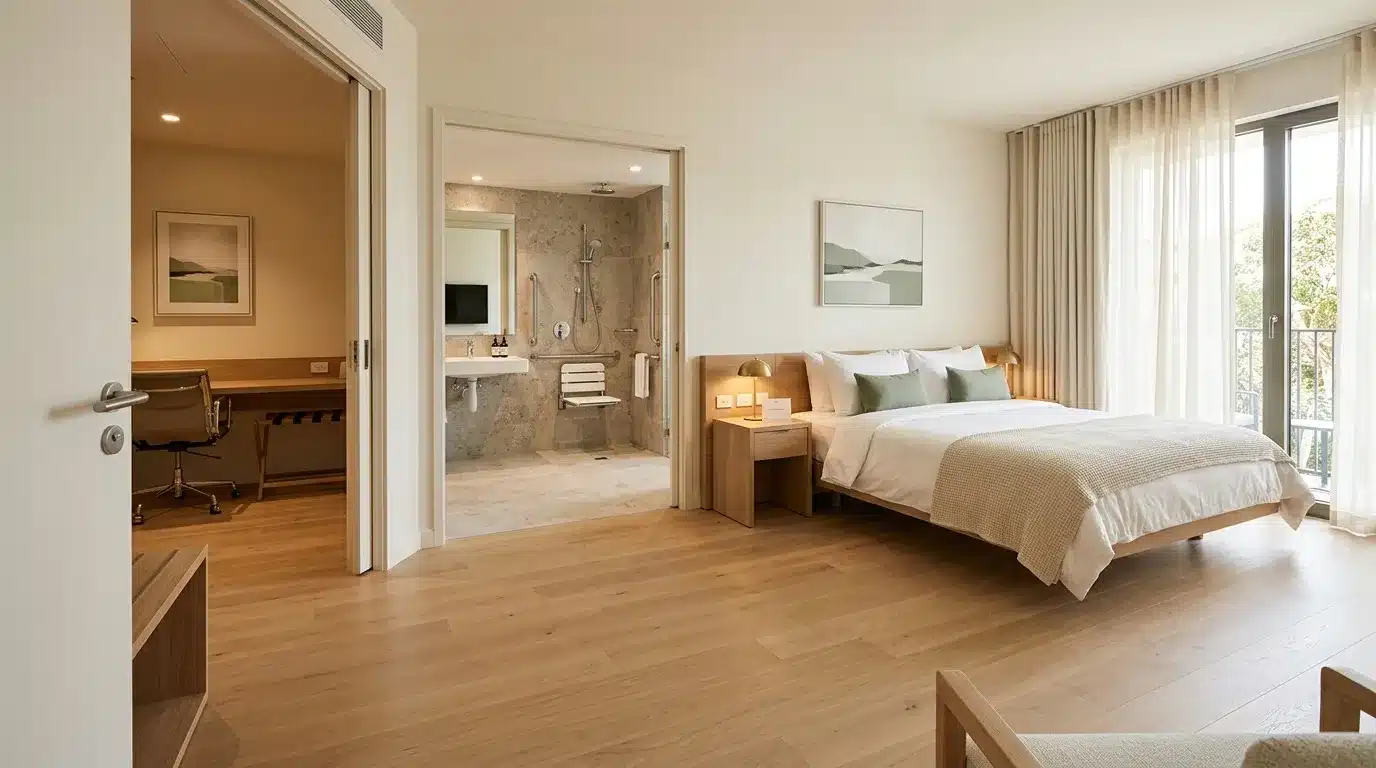 Chambre moderne avec lit king-size, salle de bain spacieuse et balcon