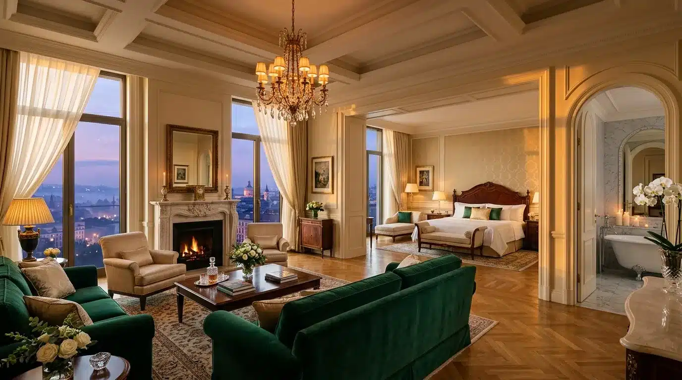 Suite hôtel de luxe avec vue panoramique sur ville illuminée