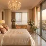 Chambre élégante avec lit blanc, fleurs, lustre et baignoire vue ville