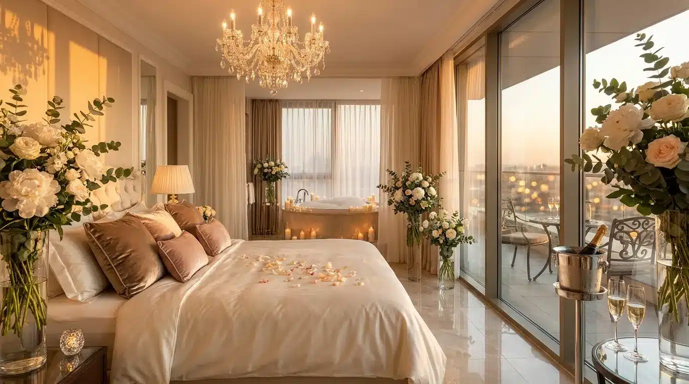 Chambre élégante avec lit blanc, fleurs, lustre et baignoire vue ville