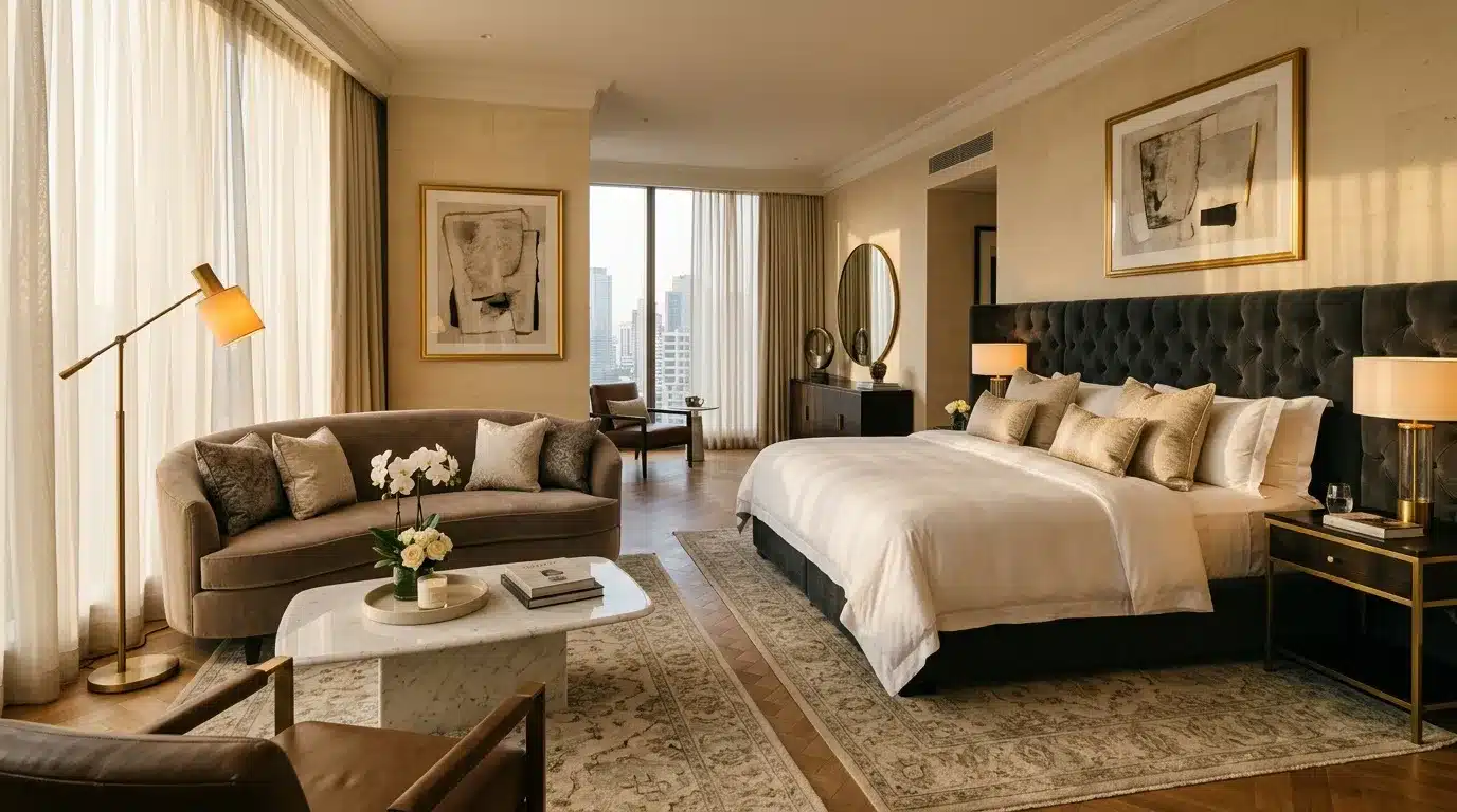 Chambre d'hôtel élégante avec lit king-size et salon moderne