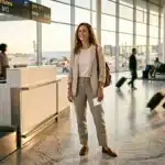 Femme souriante dans terminal aéroport avec bagages
