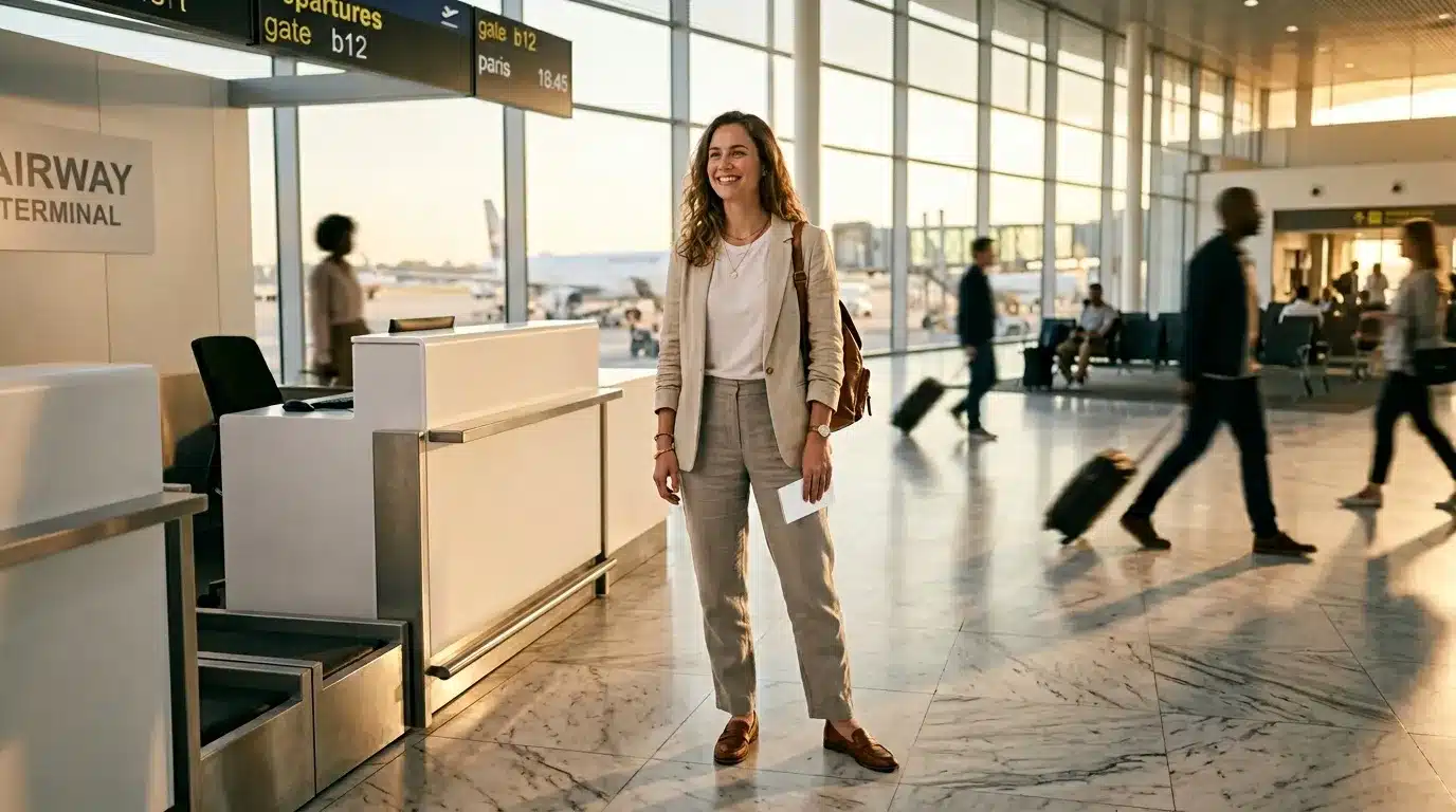 Femme souriante dans terminal aéroport avec bagages
