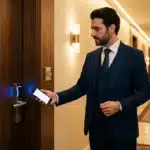Homme en costume utilisant son téléphone pour déverrouiller une porte