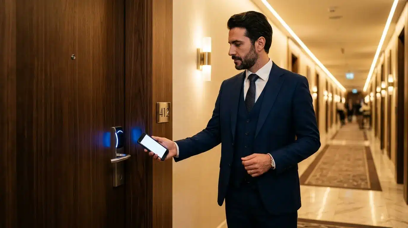Homme en costume utilisant son téléphone pour déverrouiller une porte