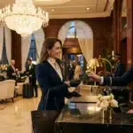Réceptionniste en uniforme accueille une cliente à l'hôtel