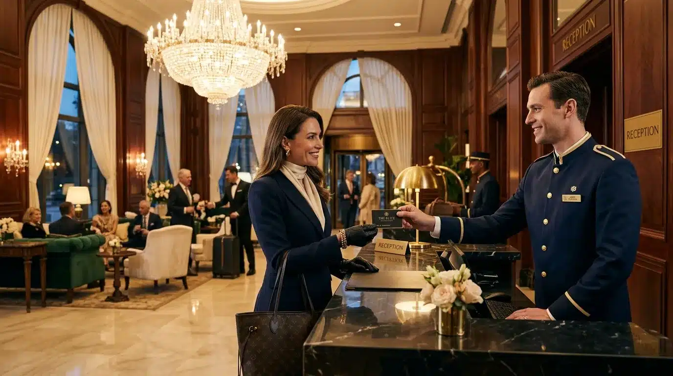 Réceptionniste en uniforme accueille une cliente à l'hôtel