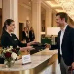 Réceptionniste remettant une clé à un client dans un hôtel luxueux