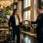 Concierge remet carte à cliente dans hall d'hôtel élégant