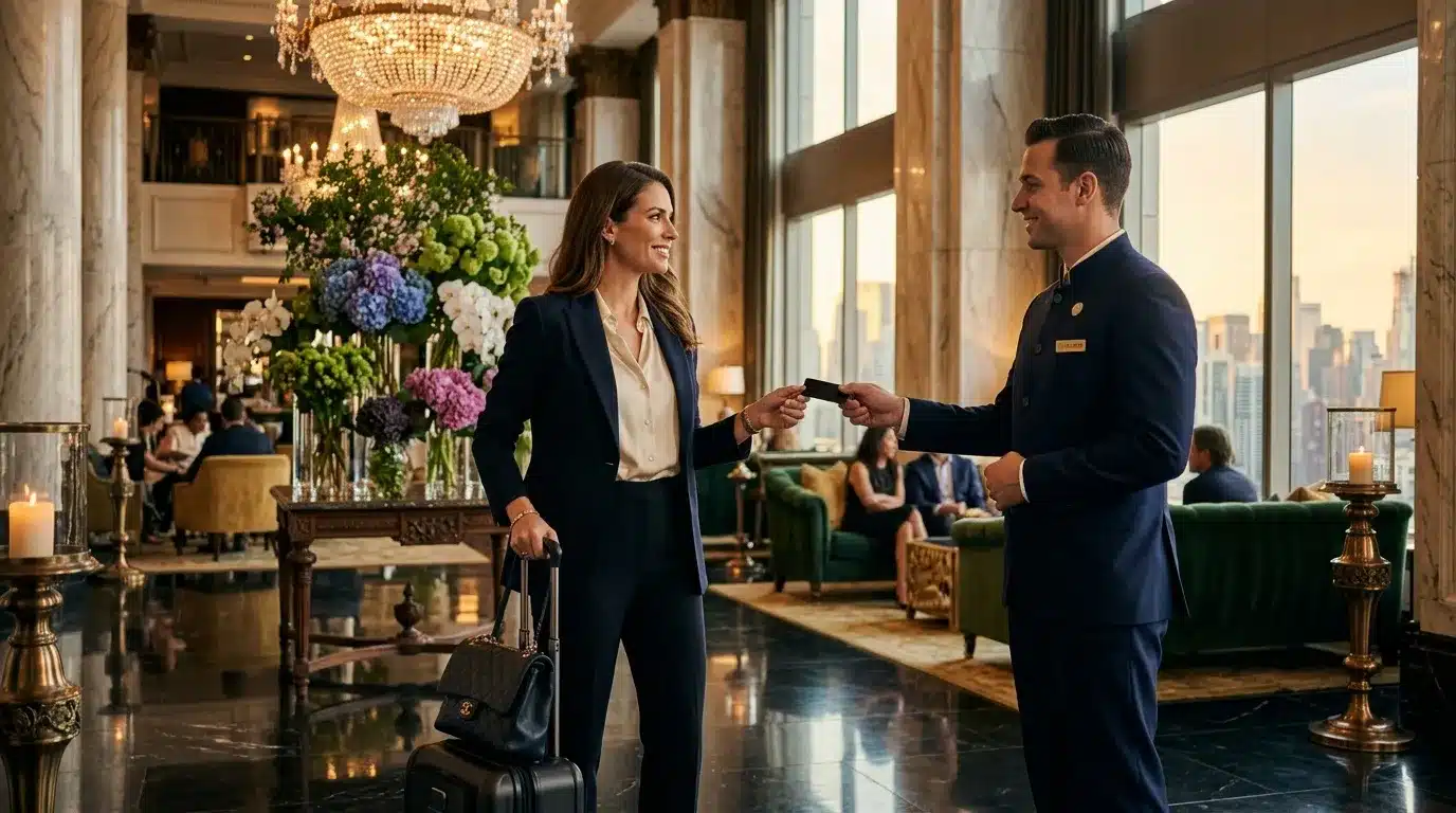 Concierge remet carte à cliente dans hall d'hôtel élégant
