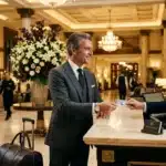 Homme d'affaires avec valise à la réception d'un hôtel luxueux