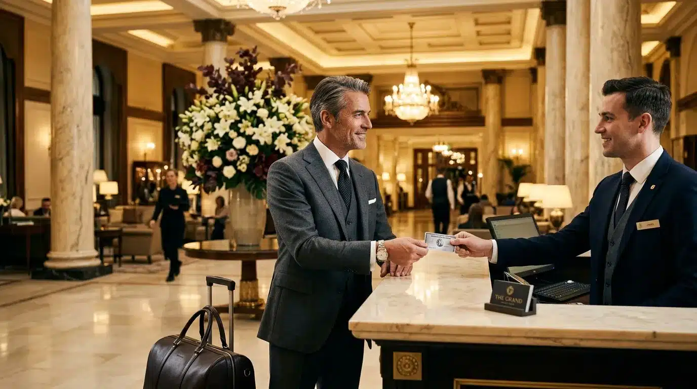 Homme d'affaires avec valise à la réception d'un hôtel luxueux