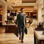 Homme en costume gris arrive à la réception d'un hôtel de luxe