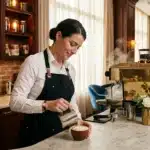 Femme barista verse du lait dans une tasse de café espresso