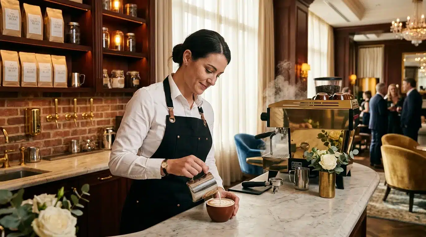 Femme barista verse du lait dans une tasse de café espresso