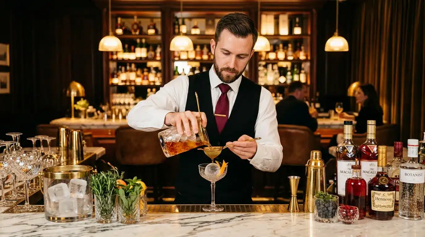 Bartender en costume versant un cocktail dans un verre élégant