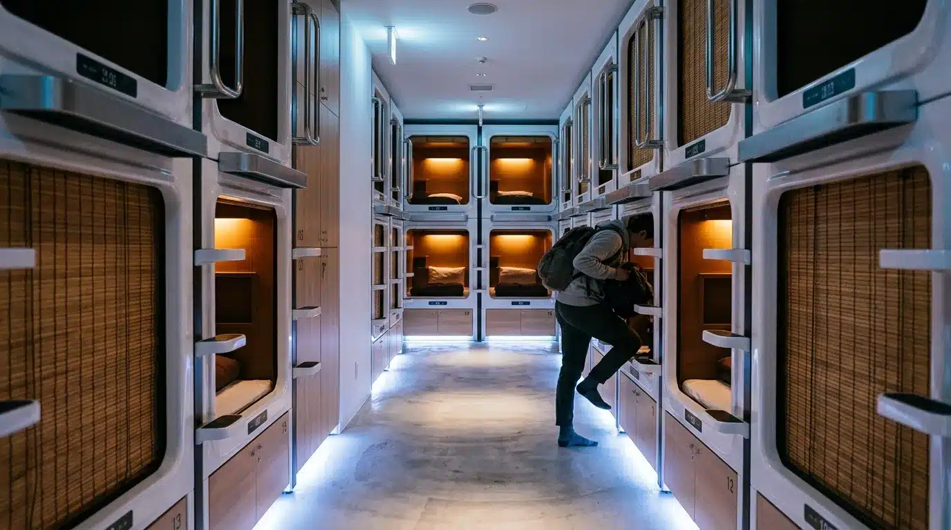 Personne dans couloir de capsules hôtel illuminées la nuit