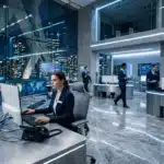 Femme travaillant dans un centre de commande high-tech moderne avec vue urbaine
