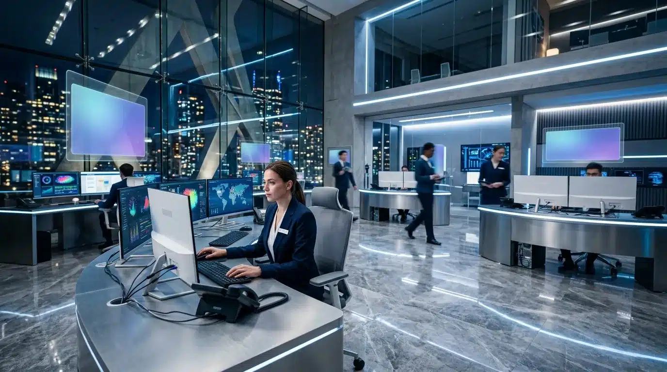 Femme travaillant dans un centre de commande high-tech moderne avec vue urbaine
