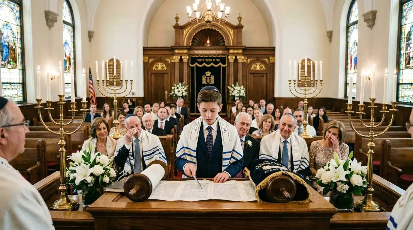 Jeune garçon en prière à la synagogue avec famille et communauté