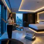 Femme dans chambre hôtel moderne avec robot autonome, vue skyline