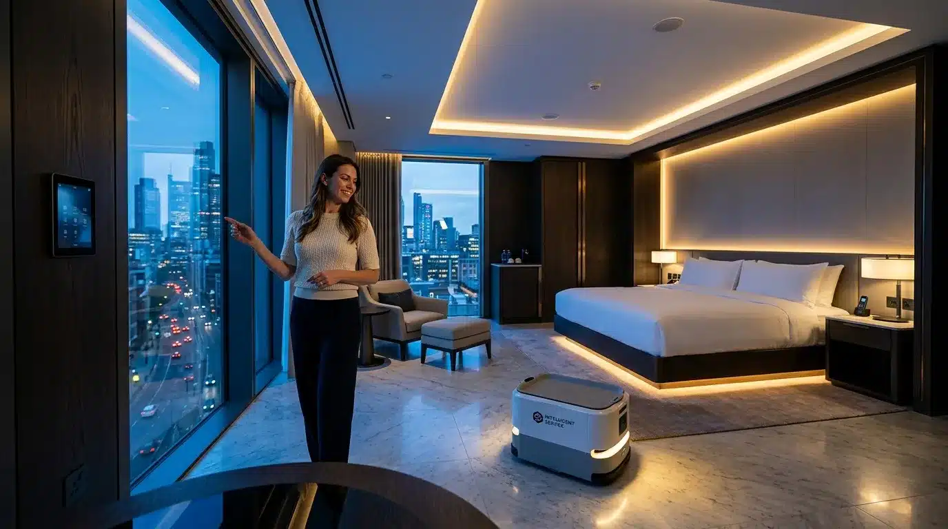 Femme dans chambre hôtel moderne avec robot autonome, vue skyline
