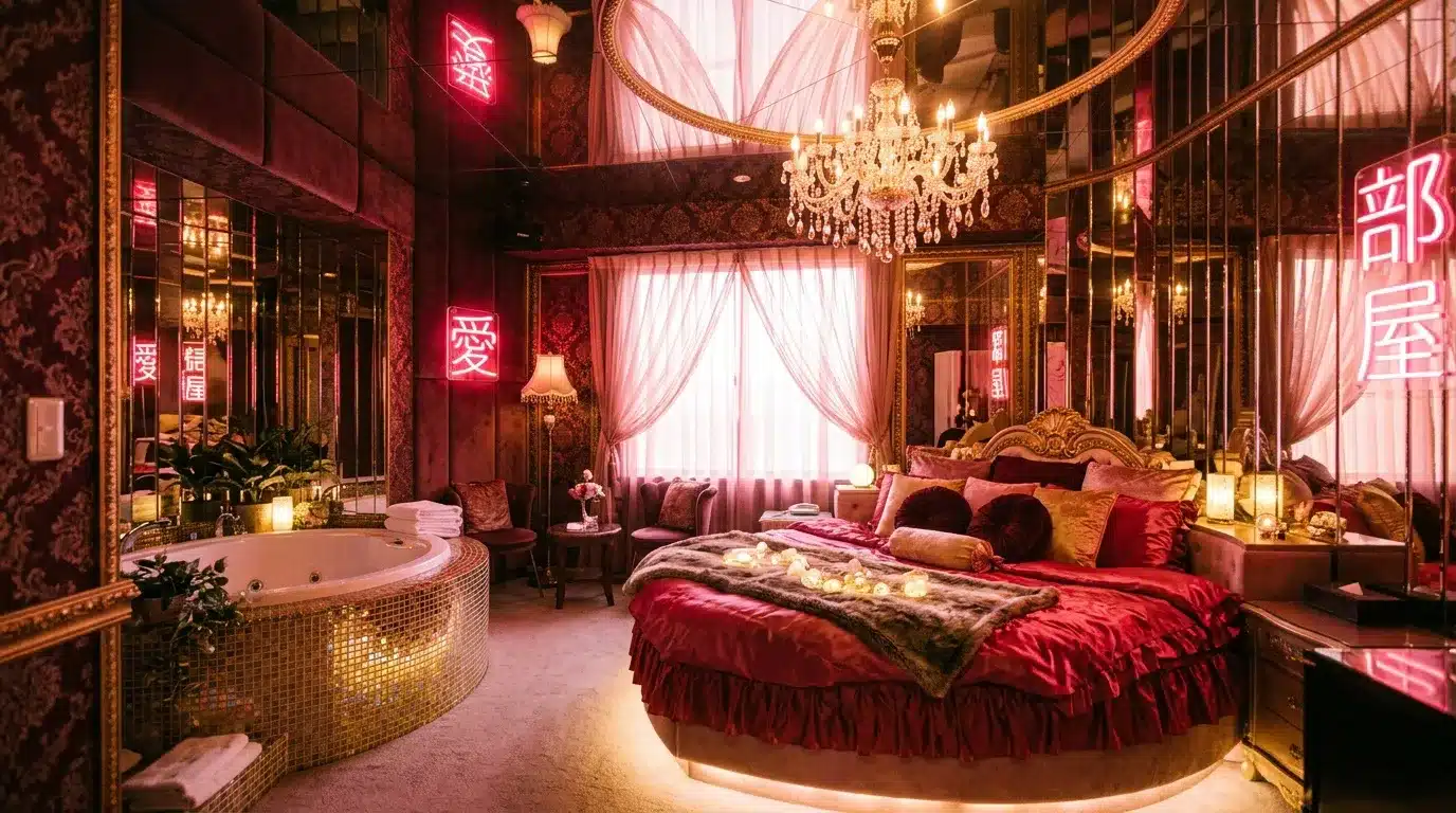 Suite opulente avec lit rond, baignoire jacuzzi et néon