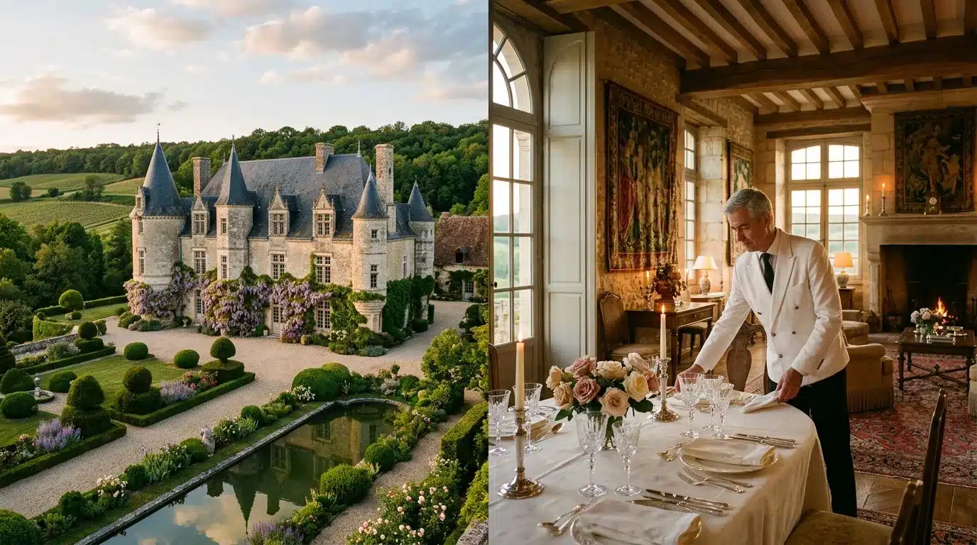 Château français avec jardin et intérieur élégant de dîner