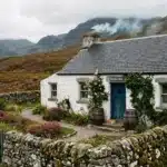 Maison blanche traditionnelle entourée de murs en pierre, montagnes brumeu ses