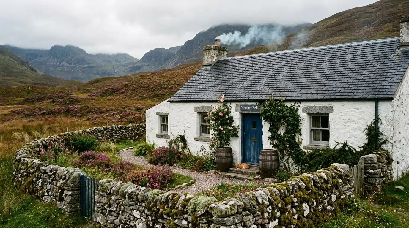 Maison blanche traditionnelle entourée de murs en pierre, montagnes brumeu ses
