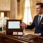 Homme en costume bleu présentant écran tactile à client