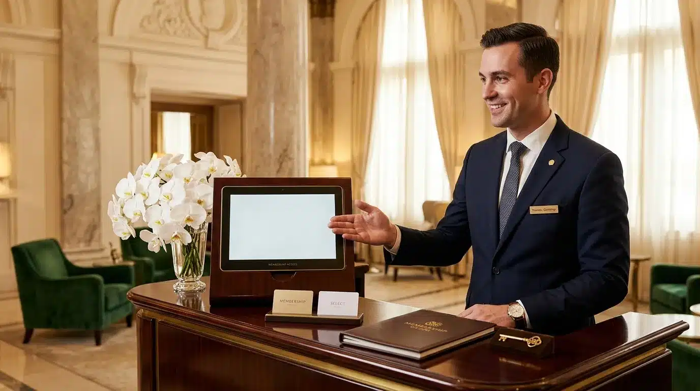 Homme en costume bleu présentant écran tactile à client
