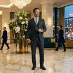 Homme en costume noir dans un hall d'hôtel élégant avec vue de nuit