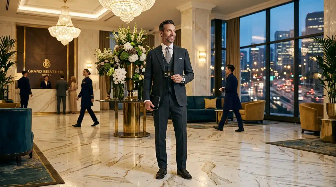 Homme en costume noir dans un hall d'hôtel élégant avec vue de nuit