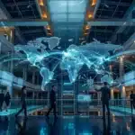 Hologramme mondial dans hall moderne avec professionnels