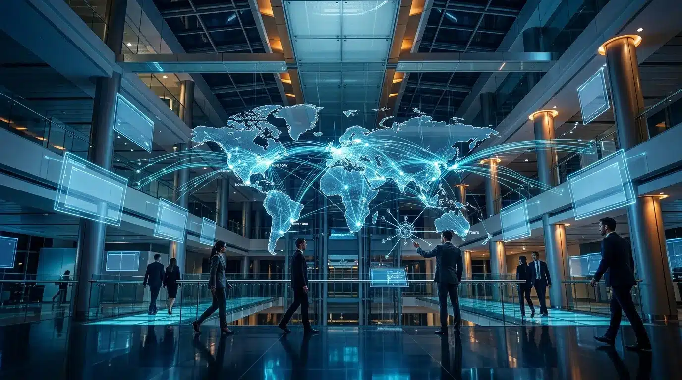 Hologramme mondial dans hall moderne avec professionnels