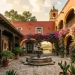 Cour hacienda mexicaine avec arcades, fontaine centrale et fleurs violettes