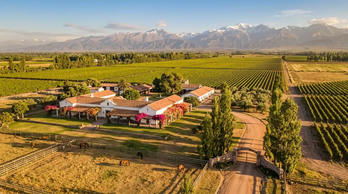 Vignoble avec hacienda coloniale et montagnes enneigées