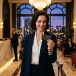 Femme en costume bleu tenant une carte bancaire dorée dans un hôtel luxueux.
