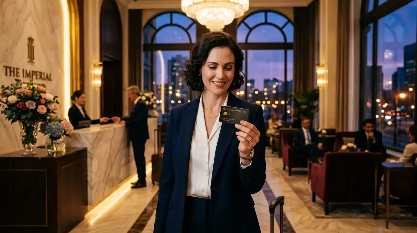 Femme en costume bleu tenant une carte bancaire dorée dans un hôtel luxueux.