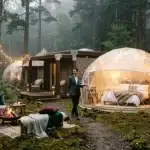 Homme en costume devant dômes géodésiques illuminés en forêt