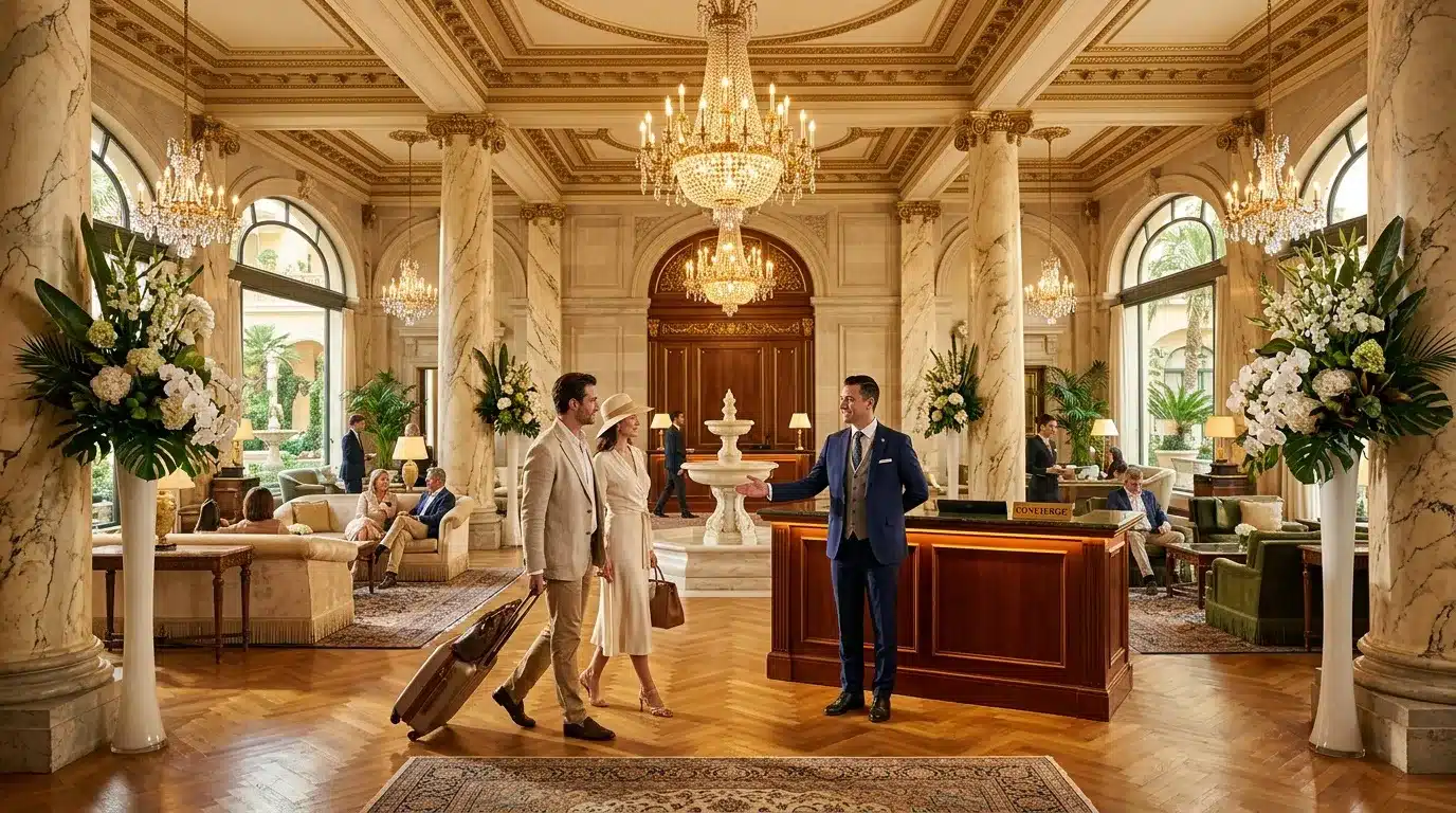 Couple élégant à la réception d'un palace avec lustres dorés