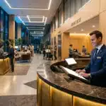 Réceptionniste en costume bleu au bureau d'accueil hôtel contemporain