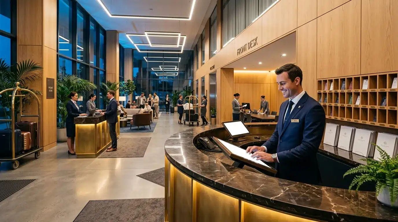 Réceptionniste en costume bleu au bureau d'accueil hôtel contemporain