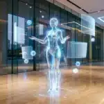 Femme holographique entourée d'interfaces numériques flottantes