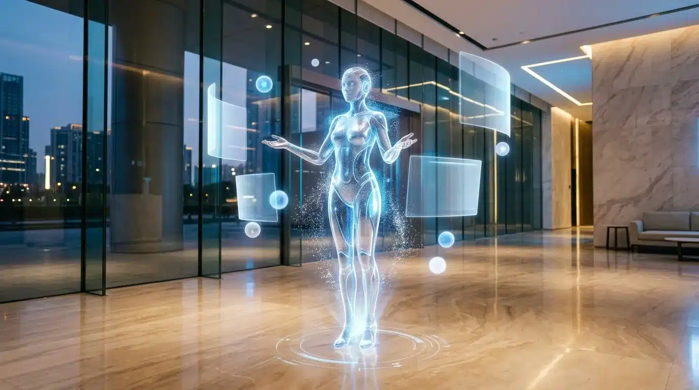 Femme holographique entourée d'interfaces numériques flottantes